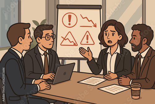 Business crisis meeting, concerned woman presenting risk analysis, team discussion, financial downturn, warning signs, problem solving, office, corporate professionals, cartoon vector illustration