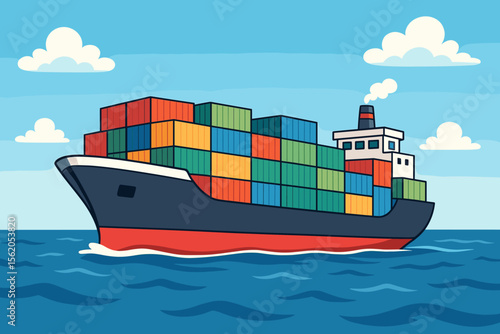 Cargo Ship with Colorful Shipping Containers Sailing Ocean. Maritime Transport Vessel. International Trade. Sea Freight Logistics. Export Import. Global Shipping Industry. Vector Illustration
