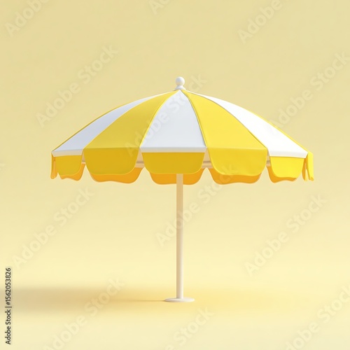 Yellow and white striped beach umbrella on pale yellow background