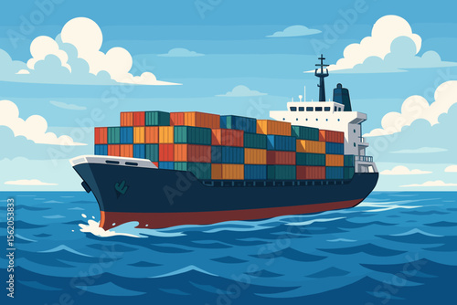 Massive cargo ship carrying colorful shipping containers crossing open sea. Maritime transport, global logistics, ocean freight, international shipping, commercial vessel vector illustration