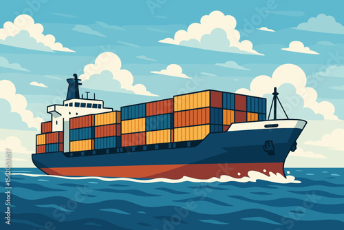 Cargo Container Ship at Sea, Maritime Freight Transportation, International Shipping Vessel, Ocean Logistics, Export Import, Global Trade, Commercial Shipping, Vector Cartoon Illustration