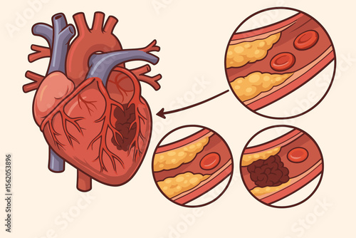 Human Heart Attack Pathology and Atherosclerosis Progression Vector. Coronary Artery Plaque Buildup, Blood Clot, Cardiovascular Disease, Medical Anatomy Illustration, Circulatory System Concept