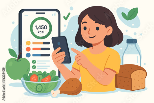 Healthy Lifestyle Nutrition Tracking App Illustration. Woman Using Mobile Calorie Counter for Meal Planning. Balanced Diet Food Choices, Salad, Chicken, Bread, Apple, Milk. Wellness Technology Concept