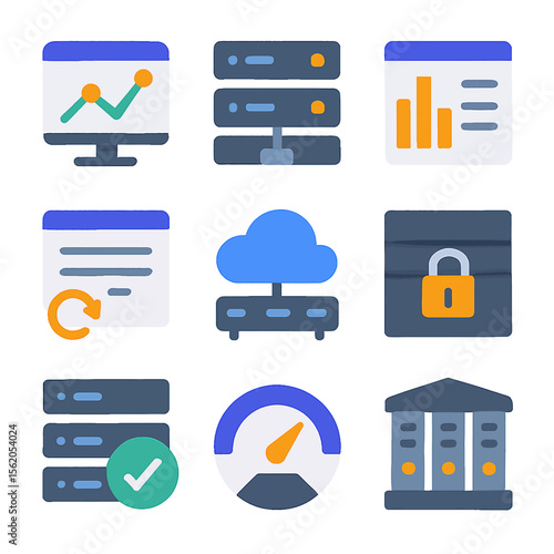Cloud computing and data analysis icons represent server network technology