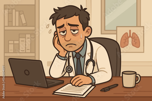 Exhausted doctor cartoon illustration, stressed physician at office desk with laptop, paperwork, stethoscope, coffee cup, sweating, burnout, medical workplace fatigue, healthcare stress concept