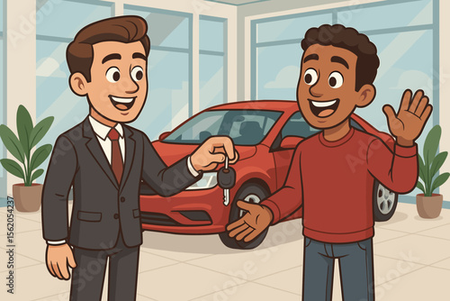 Car dealership transaction scene. Salesman in suit handing car keys to smiling customer. New vehicle purchase, auto sales, happy buyer, showroom interior, business deal, cartoon vector illustration.