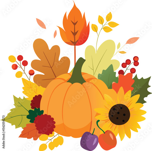 Vibrant autumn harvest arrangement with pumpkin sunflower and colorful leaves