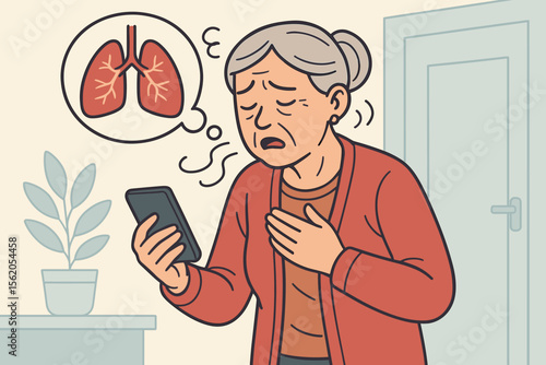 Senior woman experiencing shortness of breath, hand on chest, seeking medical help via smartphone, lung disease symptoms, respiratory distress, chronic pulmonary disorder, vector cartoon illustration