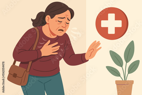Woman Experiencing Shortness of Breath, Hand on Chest, Medical Emergency, Respiratory Distress, Seeking Help, Chronic Lung Disease, Asthma Attack, Healthcare Concept, Vector Illustration