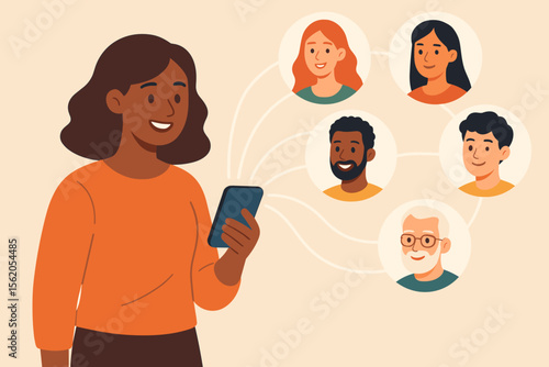 Young woman using smartphone to connect with diverse friends group, social network communication, online community, digital relationships, cartoon vector illustration, multicultural interaction