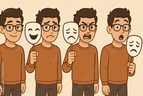 Young man in glasses holding happy and sad emotion masks, concept of dual personality, mood disorder, mental health, depression, cartoon vector illustration, psychology metaphor