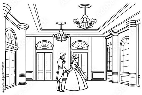 coloring page, a grand royal ballroom scene, a prince and a princess dancing in the center, other royal couples in the background, chandeliers and ornate decorations, detailed black and white line ar