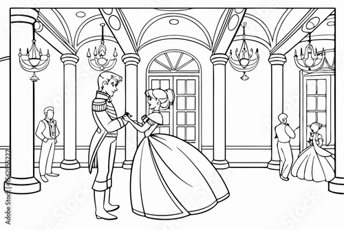 coloring page, a grand royal ballroom scene, a prince and a princess dancing in the center, other royal couples in the background, chandeliers and ornate decorations, detailed black and white line ar