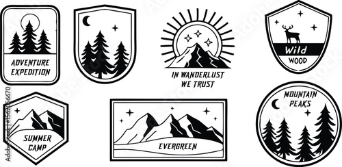 Collection of seven black and white outdoor adventure badges and emblems featuring mountains trees deer sun moon and stars with text isolated on transparent background