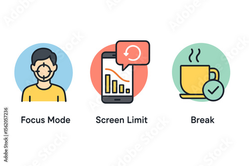 Icons of one tab, blocker, and timer with simple illustrations vector icon isolated illustration