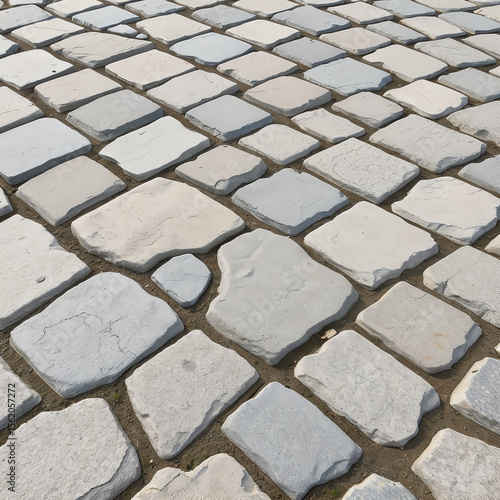 Cobblestone path made of light gray flat stones on brown soil