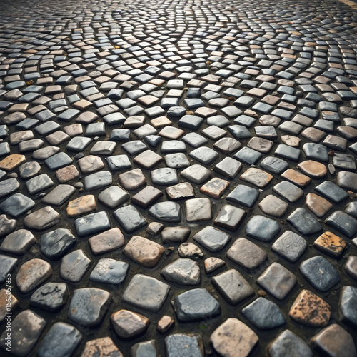 Cobblestone street with multicolored stones arranged in circular pattern