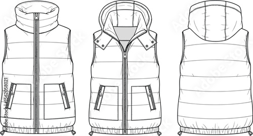 Technical flat sketch of padded sleeveless puffer vest with detachable hood, zipper closure, front pockets, fashion design CAD vector