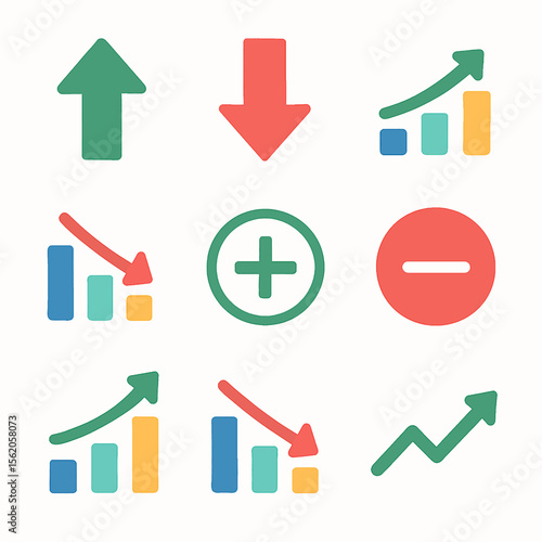 Colorful financial indicators featuring upward and downward trends, plus and minus symbols