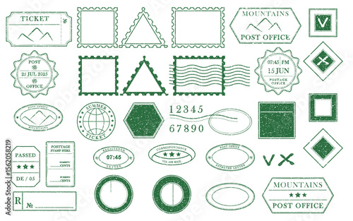 Blank green postage rubber stamp. Mockup office stamp. Clean post postmark template. Vintage style sticker collection, travel destination mail, tourism, mountain, summer, sun theme Vector illustration