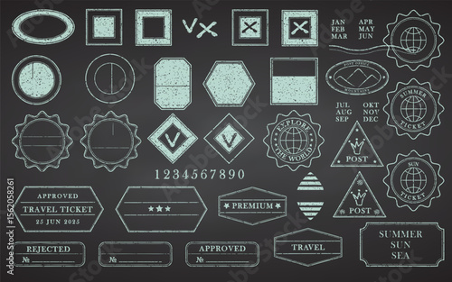 Blank postage rubber stamps on black chalkboard. Office stamps. Clean post postmark template. Vintage sticker collection, travel destination mail, tourism, mountain, summer, sun Vector illustration