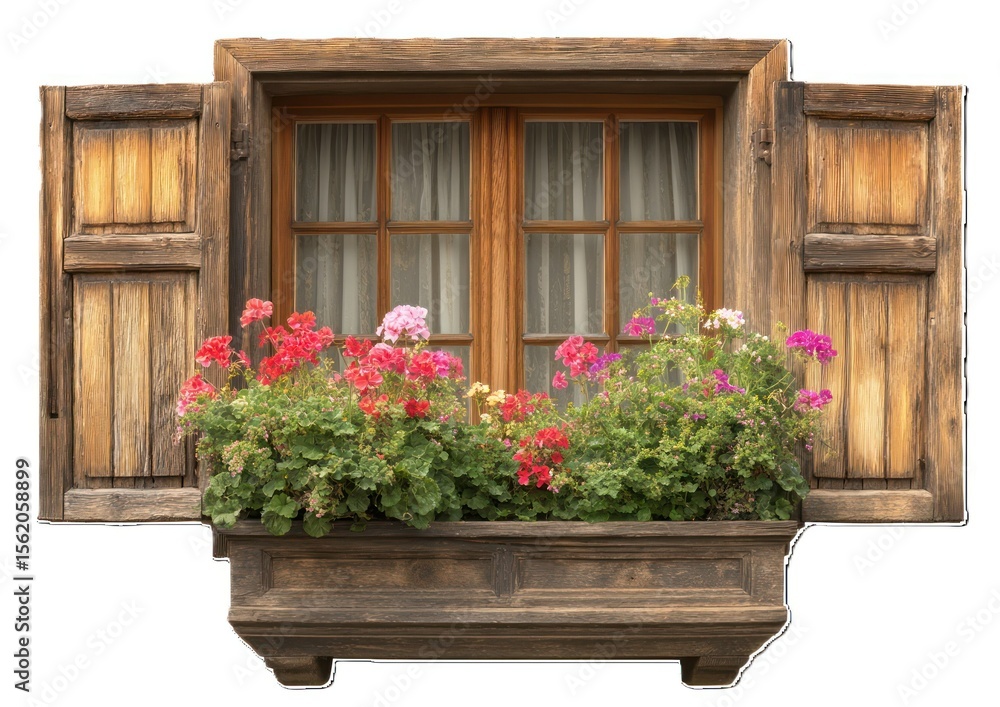 Fototapeta premium Picturesque wooden window adorned with vibrant flowers and traditional rustic shutters design