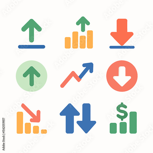 Colorful trend analysis icons depicting growth, decline, and data visualization
