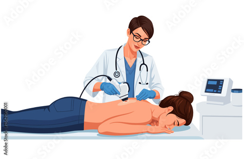 Illustration of a healthcare professional applying dermatological analysis digital equipment to the back of a patient lying on a treatment table, as part of a clinical treatment. Medical Ultrasound Th