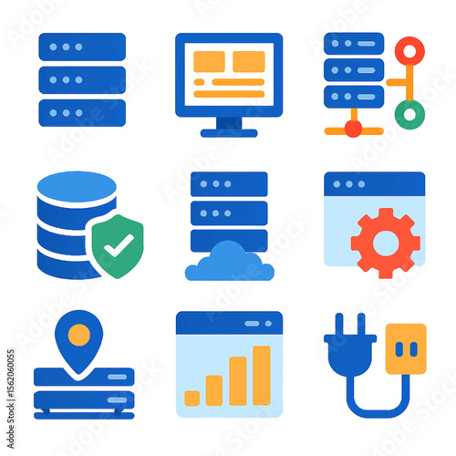 Colorful vector icon set illustrating cloud computing and server infrastructure