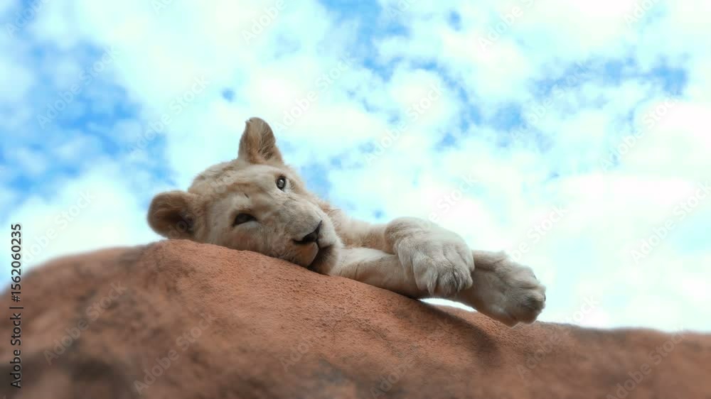 Young juvenile white lion resting on a rock. Young juvenile white lion resting on a rock.