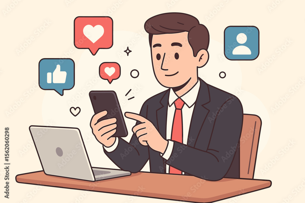 Businessman at office desk using smartphone for social media. Professional worker networking online, checking likes and hearts on mobile app. Digital marketing communication concept vector. Businessman at office desk using smartphone for social media. Professional worker networking online, checking likes and hearts on mobile app. Digital marketing communication concept vector.