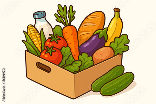 Grocery box with fresh organic food. Cartoon vector illustration of a produce delivery with vegetables, fruit, bread, and milk. Healthy eating, farm market, nutrition concept.