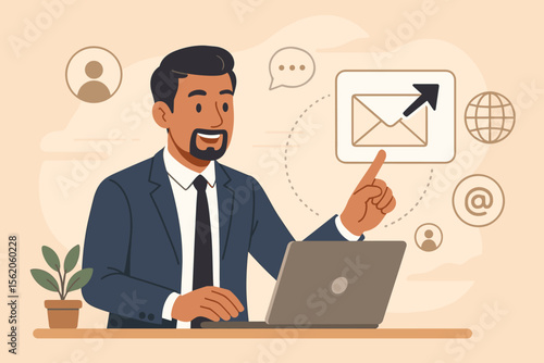 Email marketing campaign concept. Professional businessman sending corporate messages and newsletters to clients via laptop. Digital communication and business strategy vector illustration.