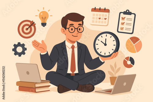 Time management concept with a businessman practicing mindfulness. Multitasking and productivity skills for effective project planning. Manager with clock, calendar, and goal icons.