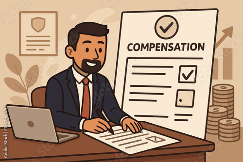 Businessman signing compensation claim form for financial reimbursement. Concept of employee benefits, corporate policy, insurance payout, and salary. Approved document vector.