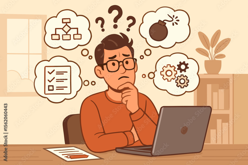 Overwhelmed man at desk feeling stressed by complex tasks. Confused person with thought bubbles of flowchart, checklist, deadline bomb. Concept of workload, anxiety, and burnout. Overwhelmed man at desk feeling stressed by complex tasks. Confused person with thought bubbles of flowchart, checklist, deadline bomb. Concept of workload, anxiety, and burnout.