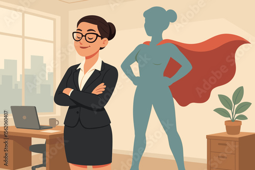Confident businesswoman with a superhero shadow, a metaphor for female power, leadership, and success. Alter ego concept for ambition, inner strength, and career potential. Vector.