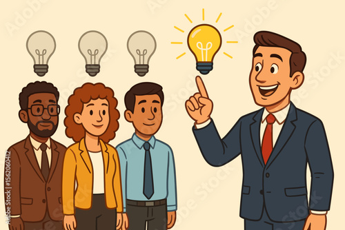 Metaphor for idea selection and leadership. Manager choosing best idea from diverse team. Light bulb concept for innovation, brainstorming, creativity. Teamwork and business success.