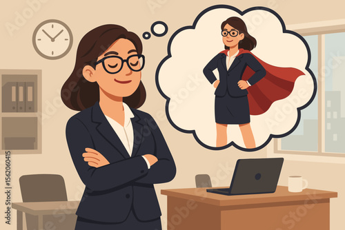 Confident businesswoman imagines being a superhero with a cape. Female professional visualizing her inner strength. Concept of women empowerment, ambition, motivation, and leadership.