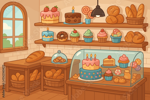 Cute bakery shop interior with fresh pastry assortment. Cartoon vector illustration of a cozy patisserie with cakes, cupcakes, bread, and sweets on display shelves and counter.