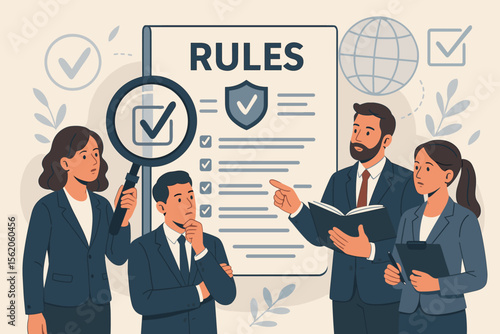 Company rules and corporate policy concept. Business team ensuring compliance with regulations. Manager training employees on legal standards. Audit with magnifying glass and checklist.