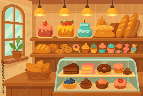 Bakery shop background with delicious baked goods. Patisserie interior with cakes, cupcakes, bread, and desserts on shelves and display case. Sweet food cartoon vector illustration.
