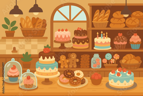 Cozy bakery shop interior with a variety of sweets. Cartoon pastry display counter with colorful cakes, cupcakes, donuts, bread, and cookies. Confectionery store background.
