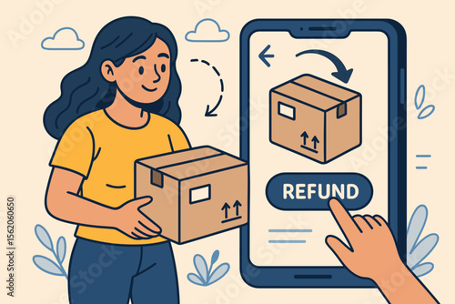 Product return concept. Woman returning a package using a mobile app for a refund. Online shopping and e-commerce customer service for easy returns and satisfaction. Vector cartoon.
