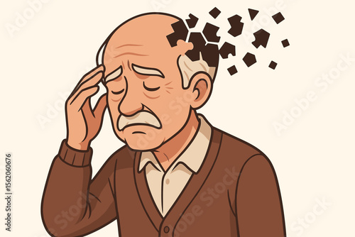 Alzheimer's disease and dementia concept. Sad elderly man suffering from memory loss, cognitive decline. Senior's head dissolving into fragments. Mental health disorder vector.