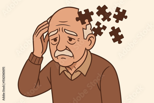 Elderly man with puzzle head symbolizing Alzheimer's disease and dementia. Metaphor for memory loss, cognitive decline, and mental health issues in seniors. Vector cartoon illustration.