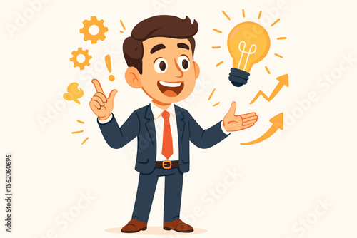 Businessman character with a creative idea. Entrepreneur presenting an innovative solution. Cartoon illustration with lightbulb, gears, and growth arrows for success and strategy.