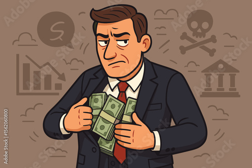 Financial fraud and corruption concept. Corrupt businessman or politician hiding money. Illustrates bribery, embezzlement, corporate crime, tax evasion, greed, and money laundering.