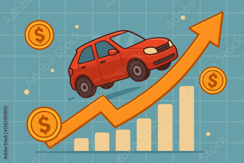 Car price increase concept. Automotive financial growth with a red car on an upward arrow graph. Vehicle sales, loan, and insurance inflation metaphor. Auto industry success vector.