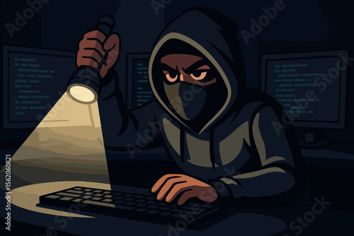 Hacker in hoodie and mask sits in dark room with computer screens. Cybercrime concept illustration. Man with flashlight on keyboard, stealing data. Cybersecurity breach, phishing.